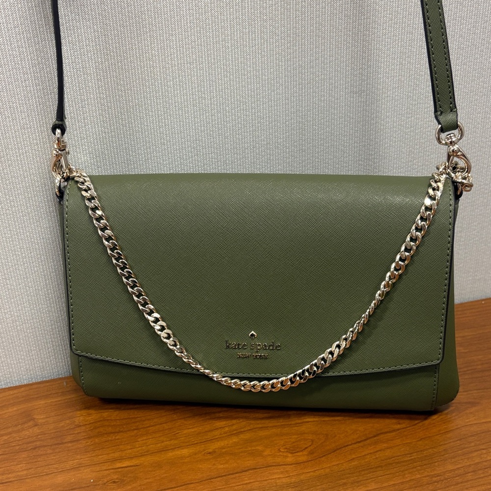 Kate Spade Olive Green Crossbody Shoulder Bag with Gold Chain Accent